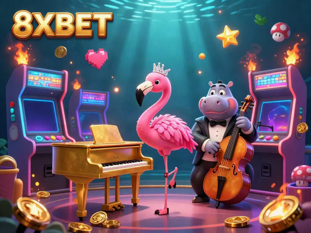 Experience the dazzling world of 8XBET with vivid arcade elements surrounding colorful characters in a casino atmosphere.