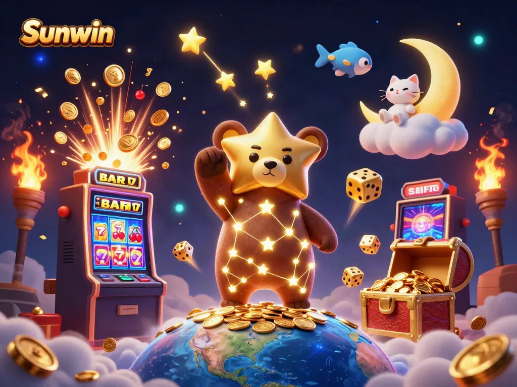 Engage with Sunwin's dynamic gambling universe, showcasing a jackpot explosion from a slot machine surrounded by fantasy characters.