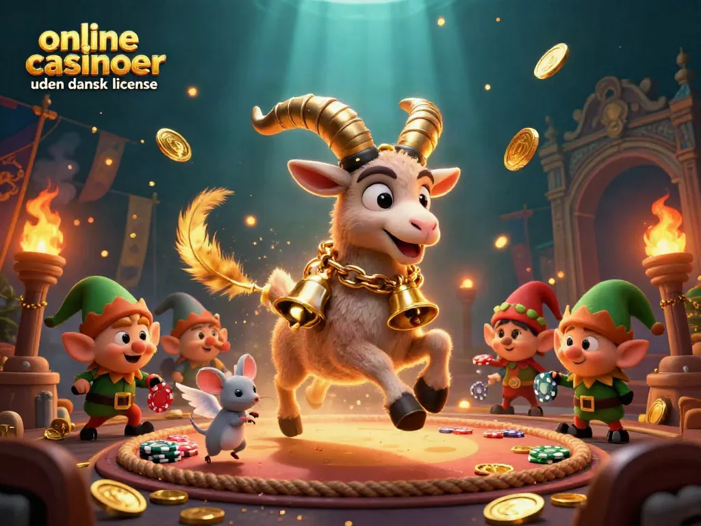 Engage with online casinoer uden dansk licens in an enchanted casino scene, featuring festive characters and chaos.