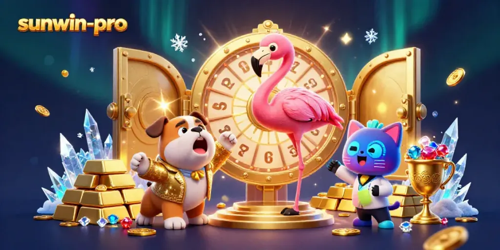 Spin to win with sunwin-pro in this vibrant, animated casino illustration featuring excitement and treasures!