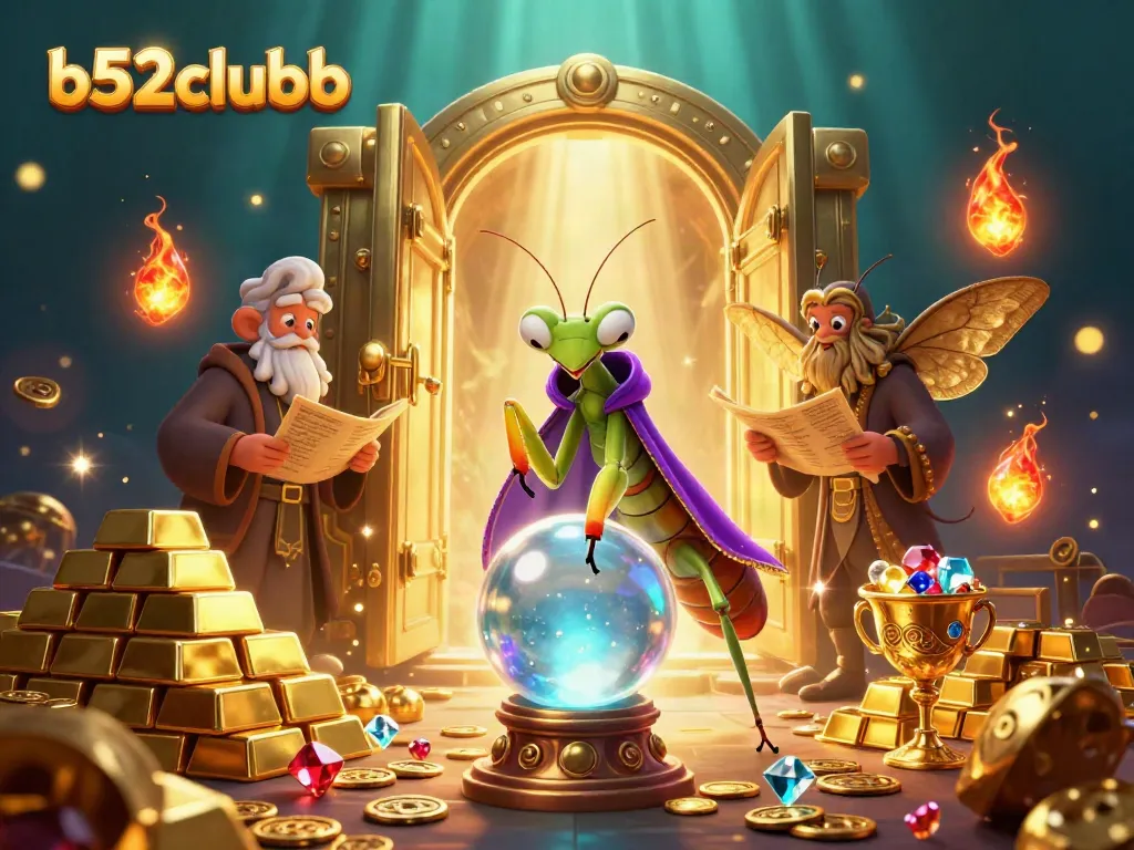 B52clubb scene with a fortune teller and moth librarian surrounded by treasures and oracles, showcasing dynamic casino elements.