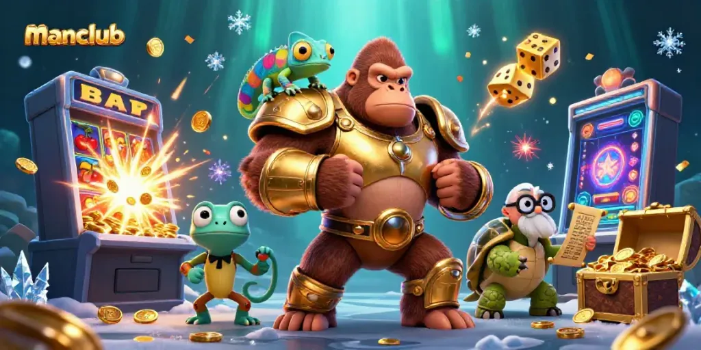 Experience the excitement with manclub as a powerful gorilla king and friends celebrate casino wins amidst vibrant gaming symbols.