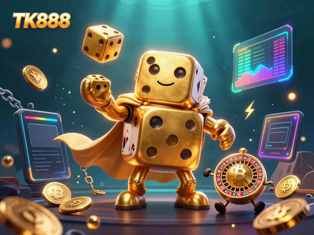 Engaging scene of TK888 casino featuring a golden dice golem character juggling dice amidst vibrant Bitcoin and Ethereum elements.
