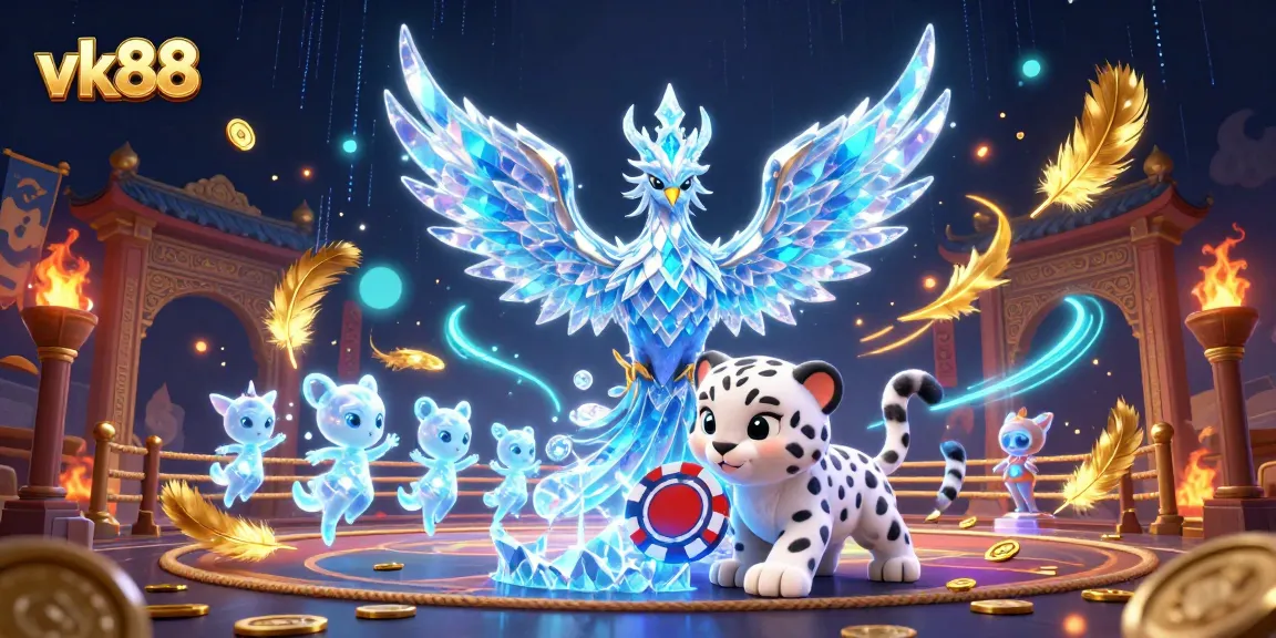 Play with vk88's vibrant 3D casino-themed illustration featuring a phoenix and snow leopard.