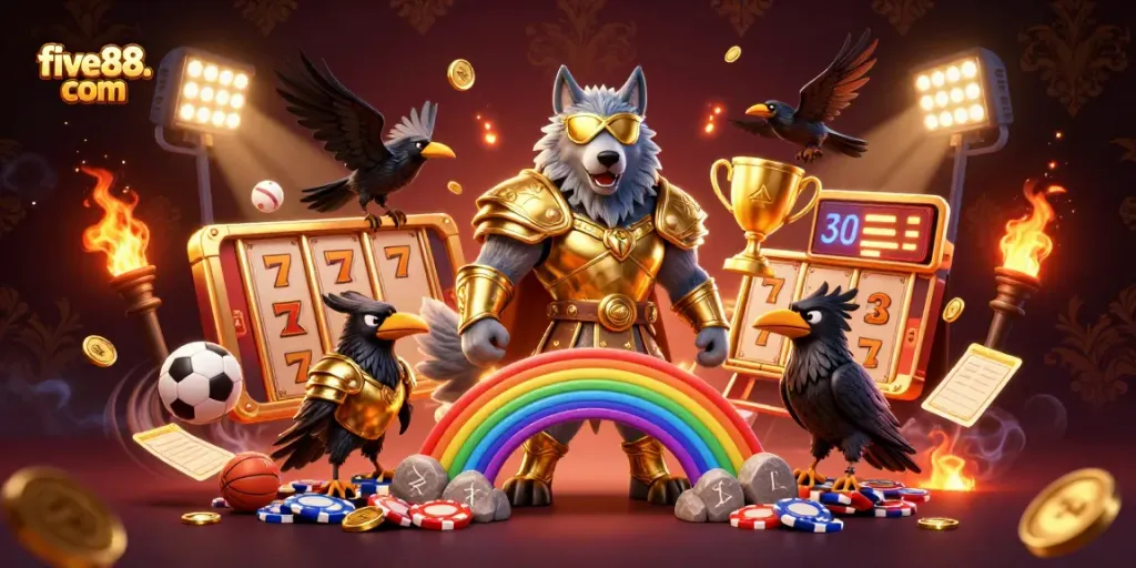 Experience the excitement of gaming at five88. com with a vibrant casino scene featuring thrilling characters and dynamic elements.