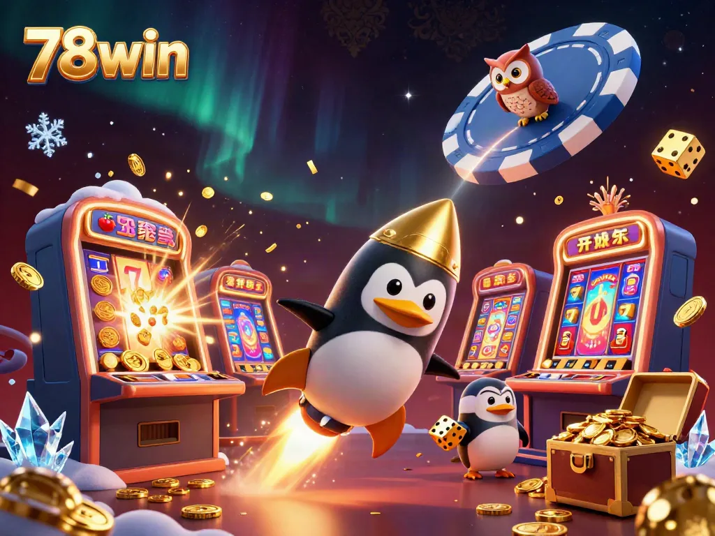 Join the thrilling adventure of 78win with a penguin rocket blasting through a casino space, celebrating big wins!