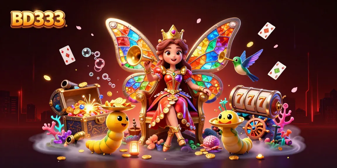 Experience the thrill of BD333's vibrant casino world with a 3D butterfly queen amidst treasures and games.