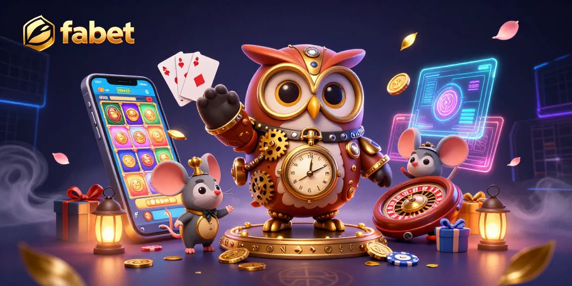 Join the fun at fabet with a vibrant scene showcasing an owl and mouse amidst casino games.