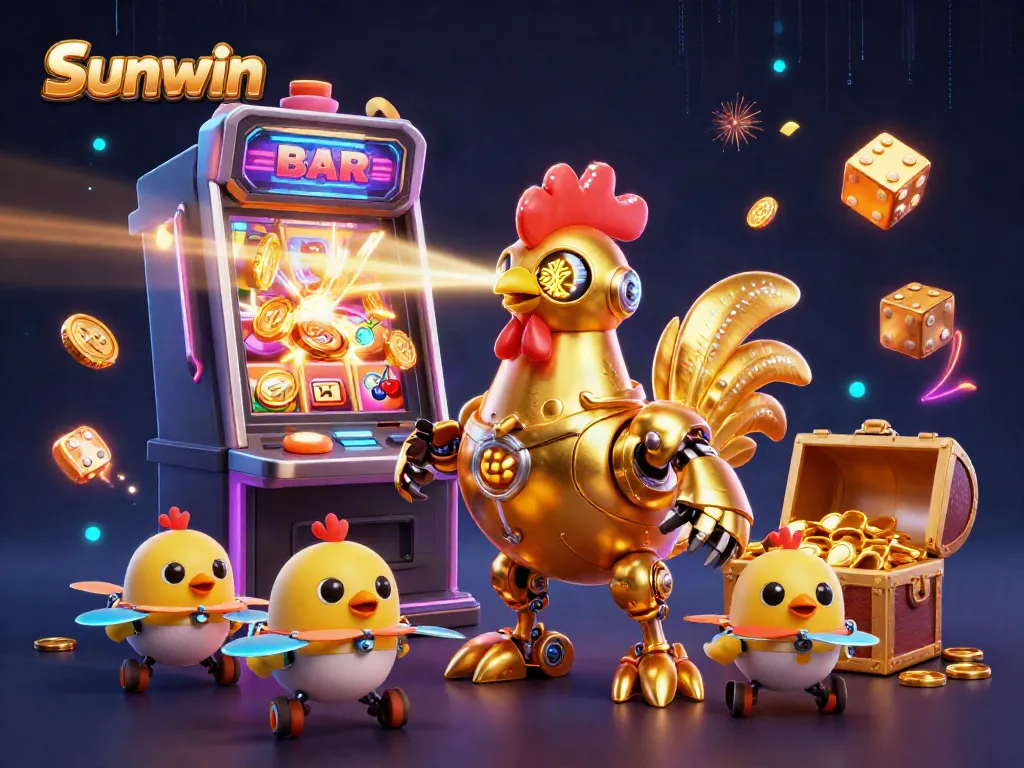 Experience the Sunwin excitement with a golden rooster robot and baby chick drones, showcasing vibrant casino elements.