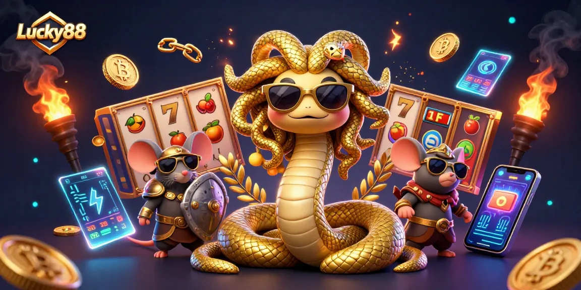 Win big at Lucky88 with a vibrant illustration showcasing exciting casino elements and characters.