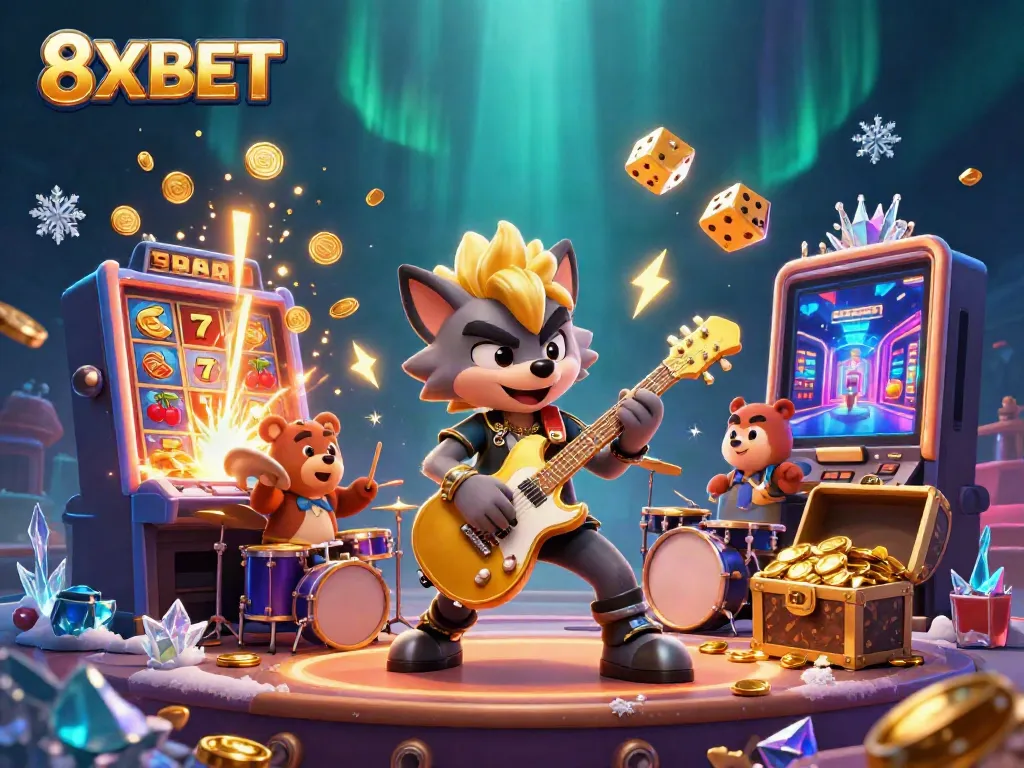Experience thrilling 8XBET winnings with a rock star wolf and treasure-filled casino scene.