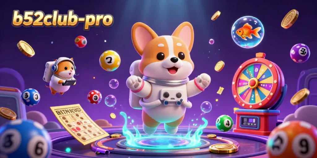 Experience exciting gaming with b52club-pro as a cartoon corgi floats in a vibrant casino.