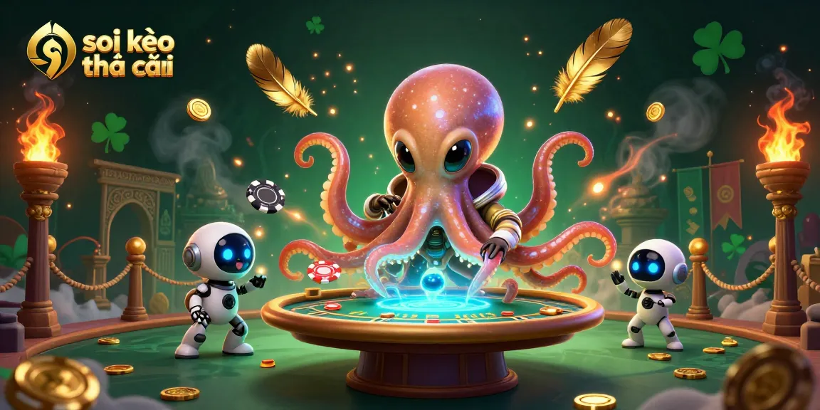 Engage with adventurous gameplay at soi kèo nhà cái, featuring an alien octopus managing a holographic poker table.