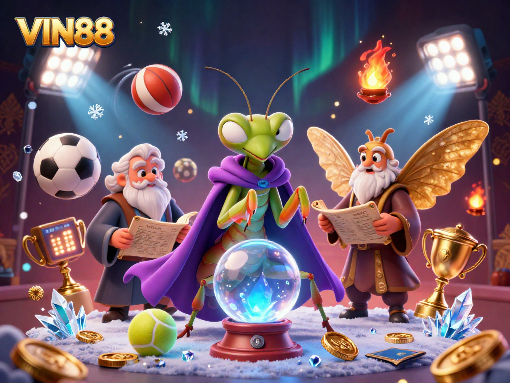 Engage with VIN88 in a dynamic sports betting scene featuring fortune teller and scholars.