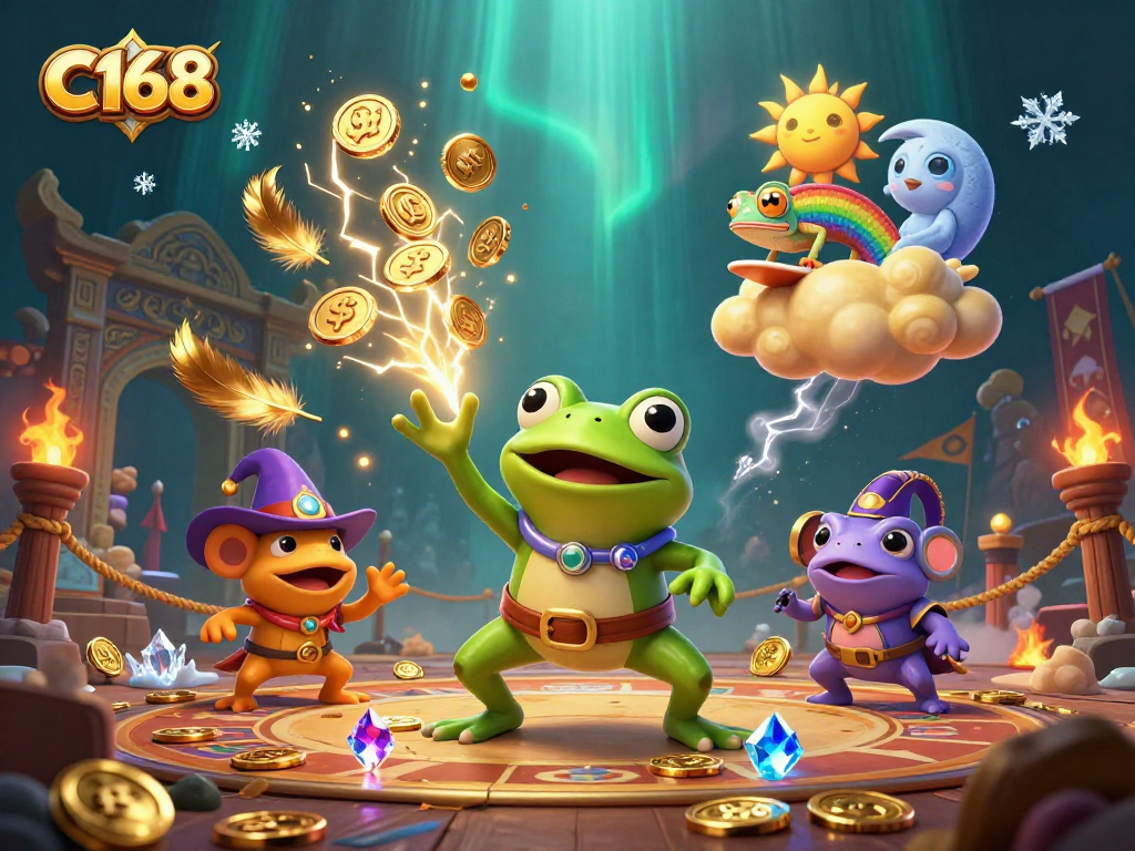 Experience C168's world of thrilling gambling with vibrant characters generating golden coins and exciting visuals.