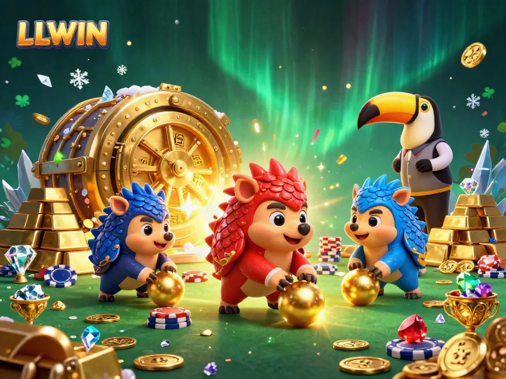 LLWIN showcases an exciting casino scene with rival pangolins playing among golden riches and poker chips.