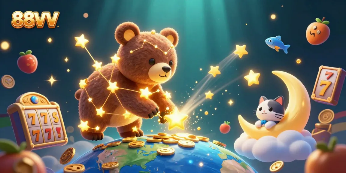Experience the excitement of 88VV with vibrant slot symbols and starry creatures in a dynamic casino scene.