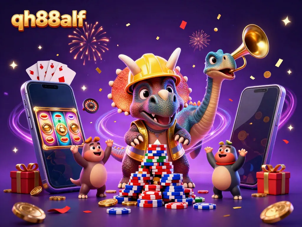 Experience the excitement of QH88alf with a vibrant 3D scene of celebratory characters and casino elements.