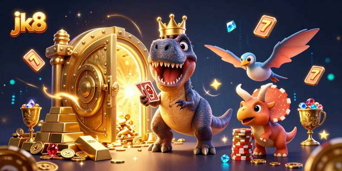 jk8 offers exciting card shuffle action with a friendly T-Rex and pterodactyl, amidst vibrant casino elements.