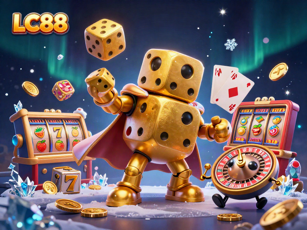 LC88 showcases vibrant casino fun with a golden dice golem juggling in a dynamic slot scene.