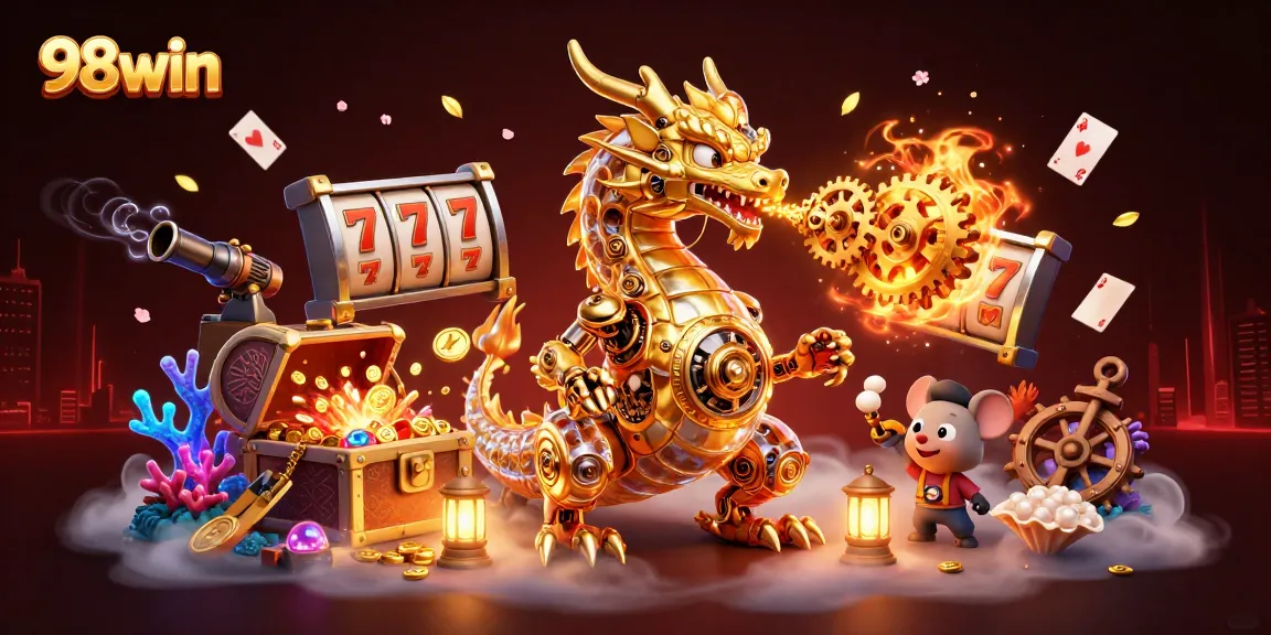 Experience the excitement of 98win with an ultra-detailed 3D dragon, colorful slots, and treasure.