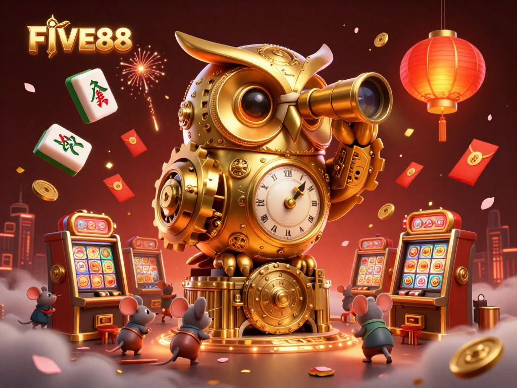 Experience thrilling gaming at FIVE88 with a golden owl overseeing the vibrant casino floor.