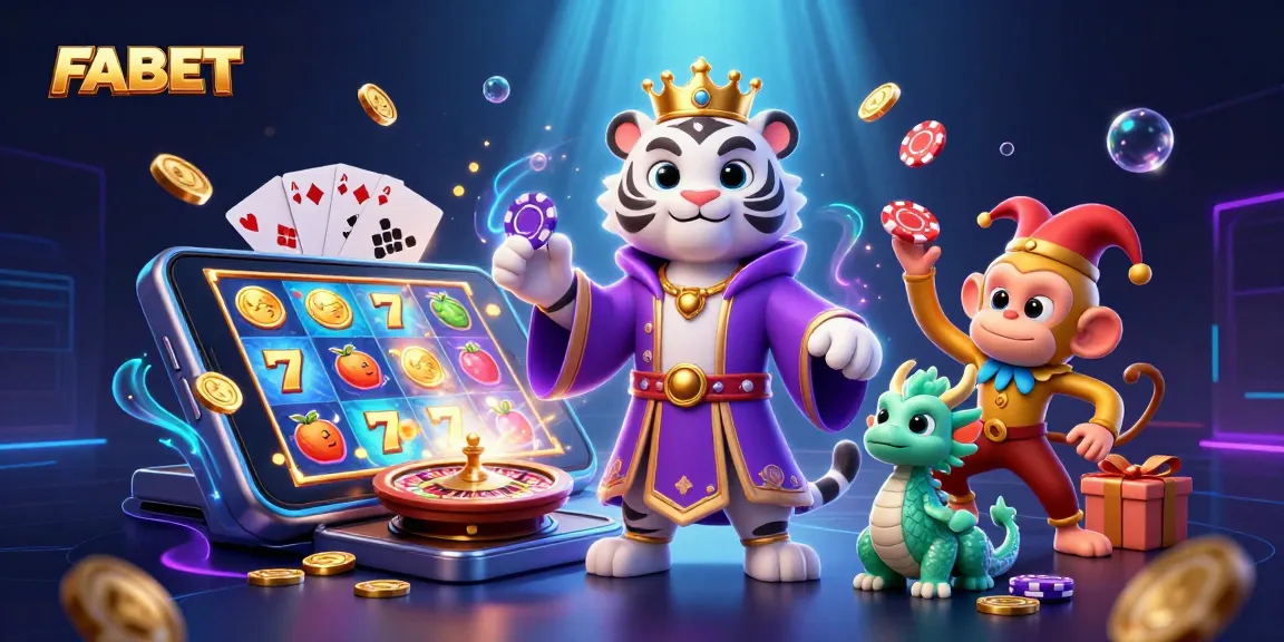 Experience FABET riches with a vibrant scene featuring a royal tiger, monkey, and jade dragon amidst lively casino elements.