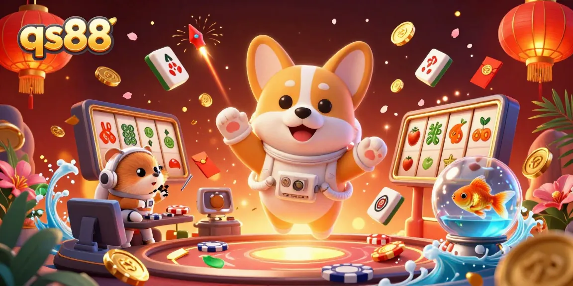 Engage with qs88 gaming fun in a vibrant casino scene with floating chips and joyful characters.