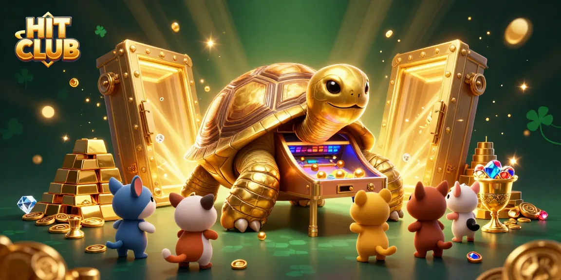 Engage in HIT CLUB gaming with an exciting scene of a colossal pinball tortoise and treasure.