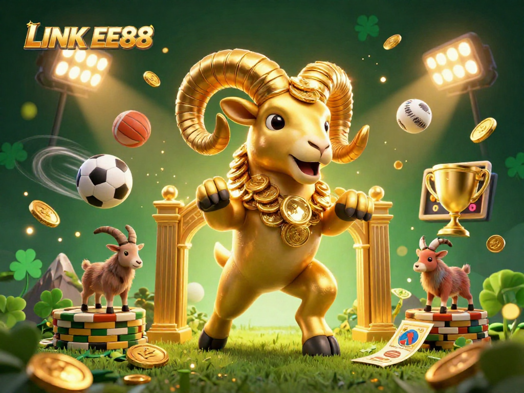 Bettors cheer as the LINK EE88 golden ram charges through a vibrant sports betting scene filled with excitement.