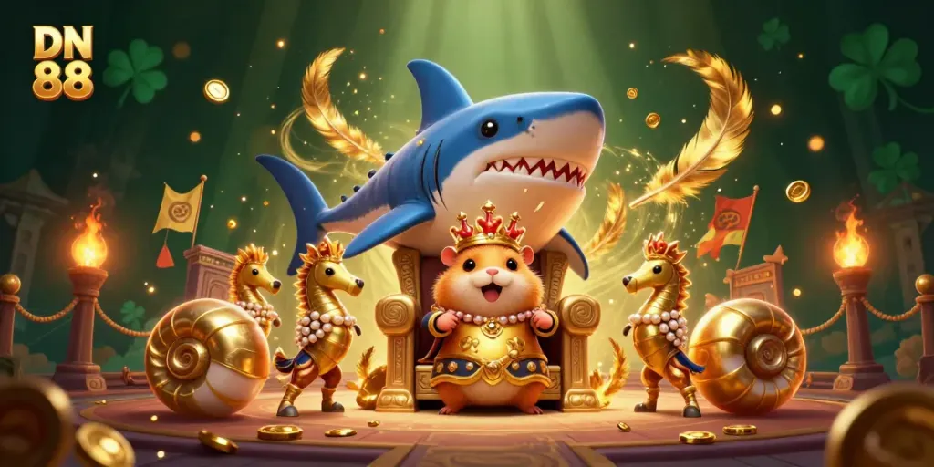 Experience the thrilling world of DN 88 with an engaging scene featuring a golden hamster king and dazzling casino elements.