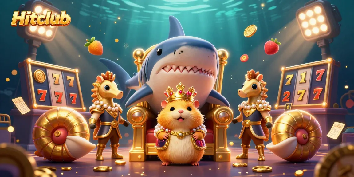 Hitclub features a golden hamster king on a megalodon throne in a lively casino scene, filled with slot machines and gold.