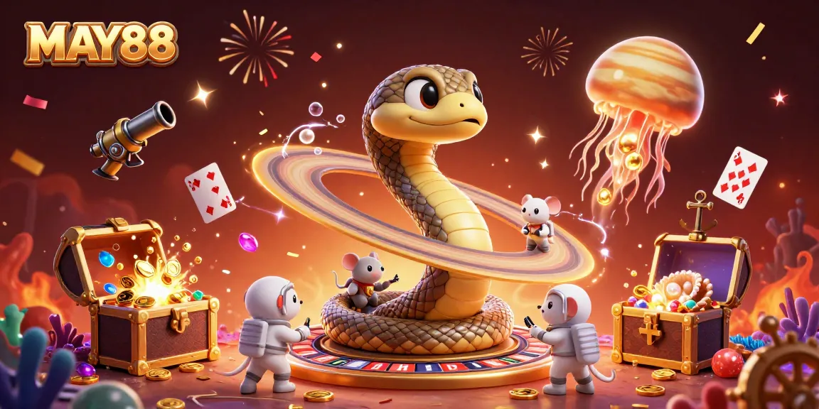 Engage with MAY88's vibrant casino action featuring astronaut mice betting on a roulette-like Saturn.