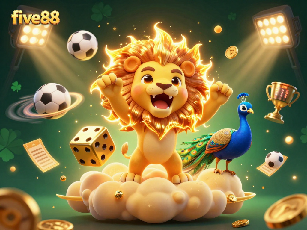 Experience the thrill of five88 as a vibrant sun lion and golden dice celebrate big wins in a dynamic casino scene.