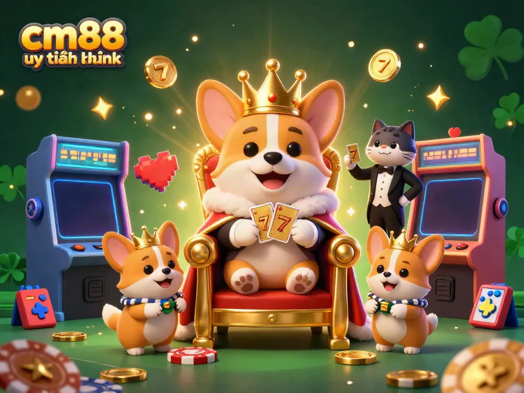 Engage with cm88 uy tín không via a royal corgi and casino-themed 3D digital art.