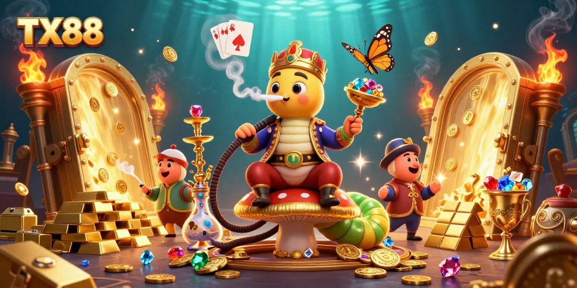 Experience the excitement of TX88 with vibrant casino-themed 3D illustration featuring treasures and poker symbols.