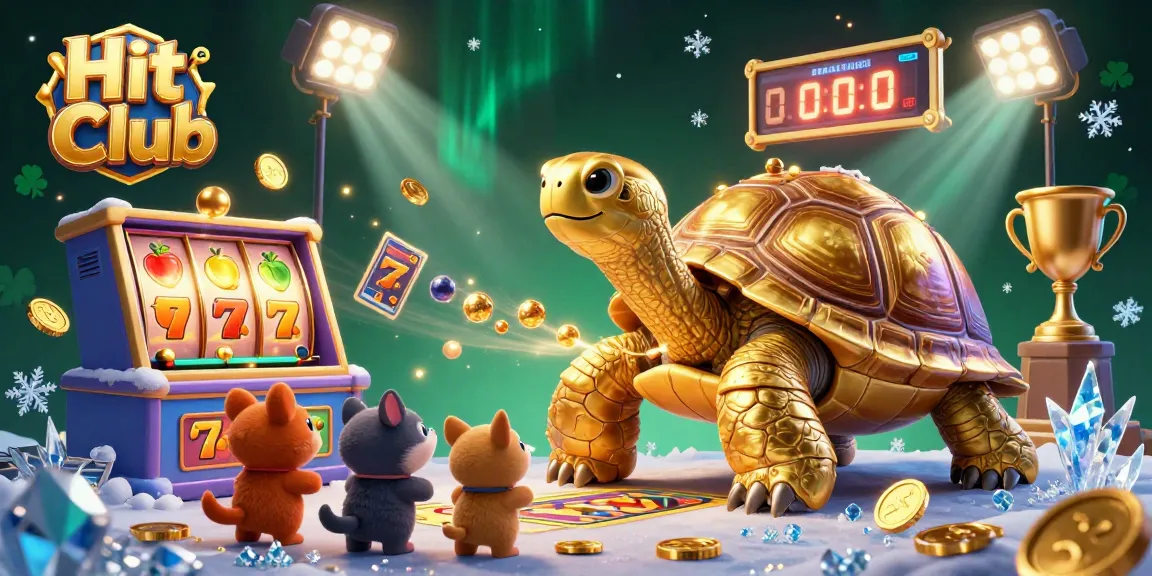 Hit Club's vibrant 3D illustration showcases gaming excitement with a golden tortoise pinball machine.