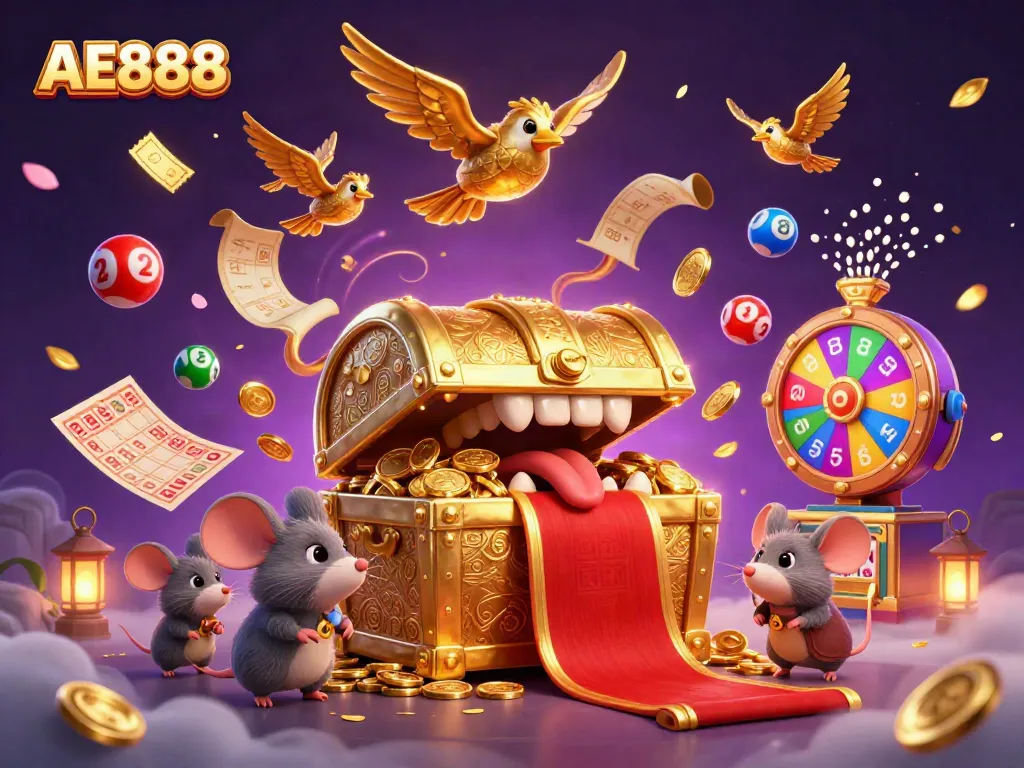 Discover thrilling gaming experiences with AE888's vibrant illustration showcasing treasure and games.