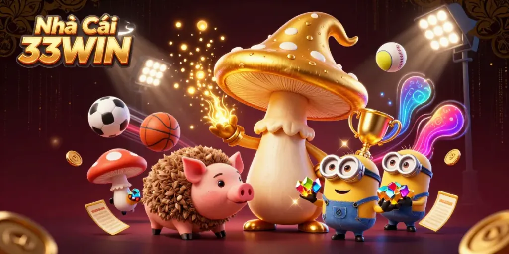 Experience the excitement at Nhà Cái 33WIN with a magical golden mushroom wizard and treasures scattered all around.