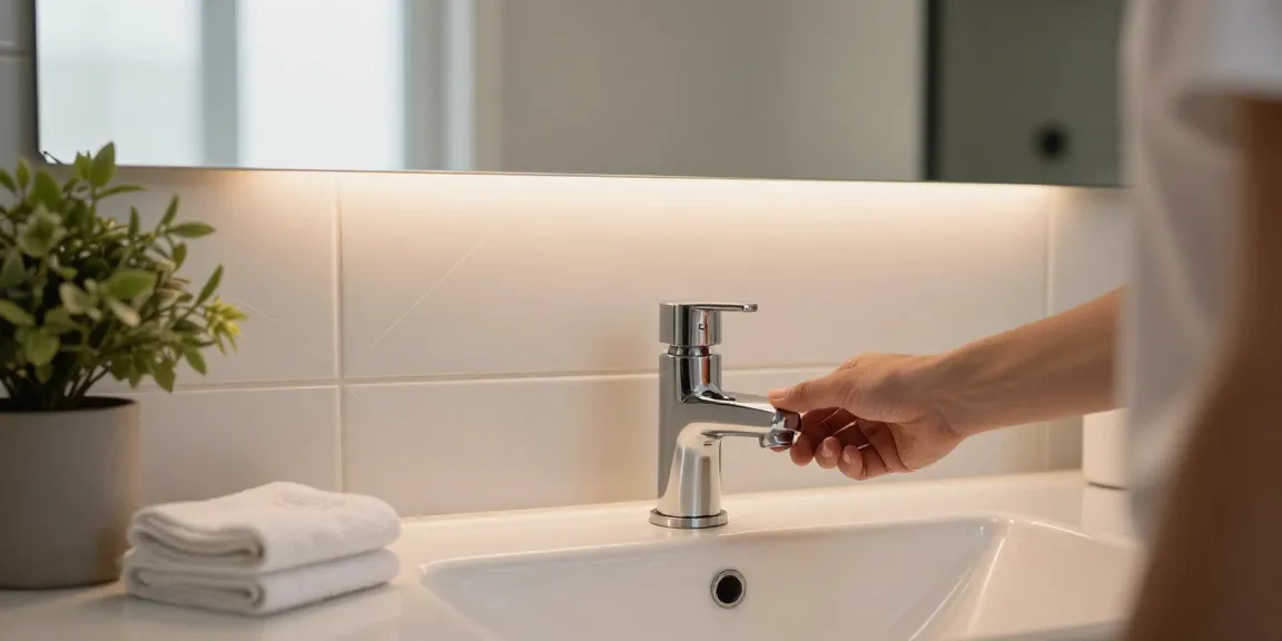 Moderne badkamer kraan in een stijlvol ingericht wastafel, warm licht schept een uitnodigende sfeer.