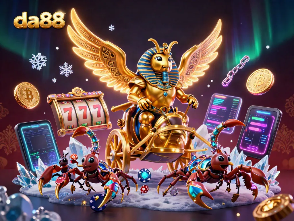 Experience thrilling jackpots at da888 with vibrant casino scenes featuring pharaoh armor beetles and glowing coins.
