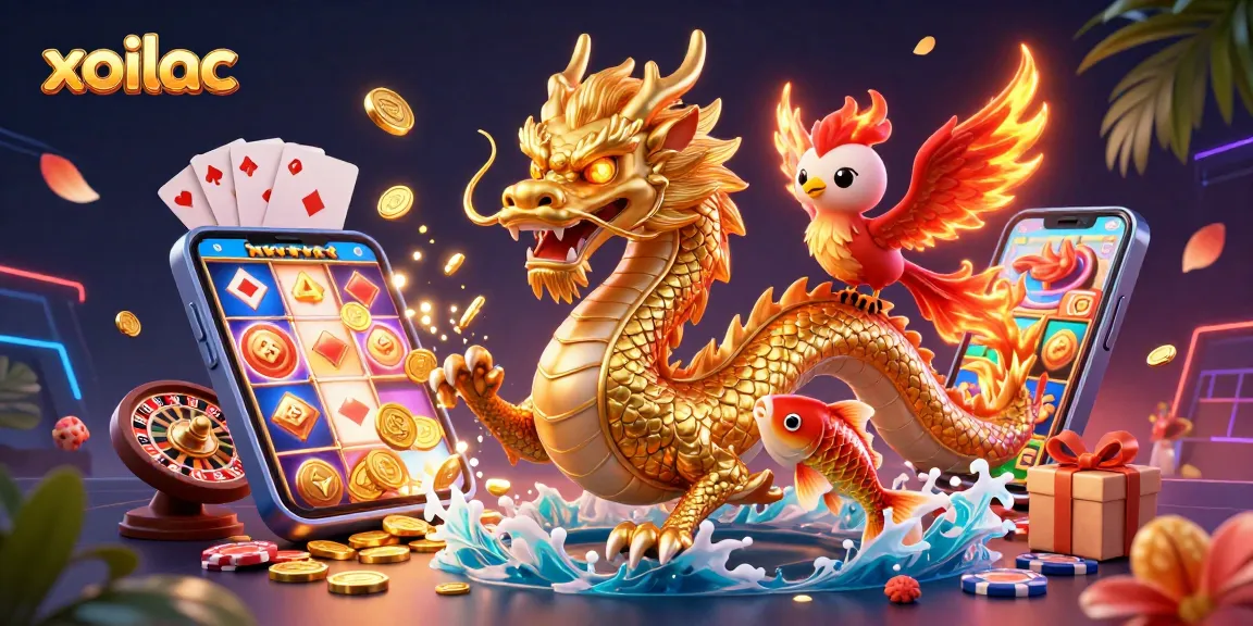 Engage with xoilac's thrilling slots experience featuring a dragon, phoenix, and koi fish.