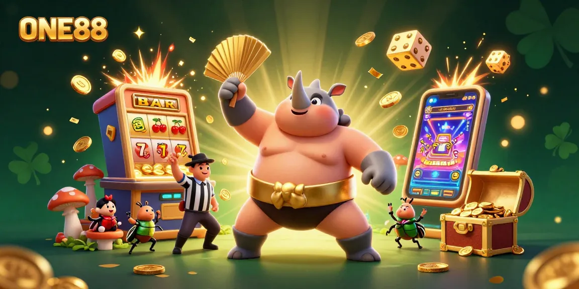 ONE88 showcases a vibrant 3D casino scene featuring a beetle sumo champion amidst a jackpot explosion.
