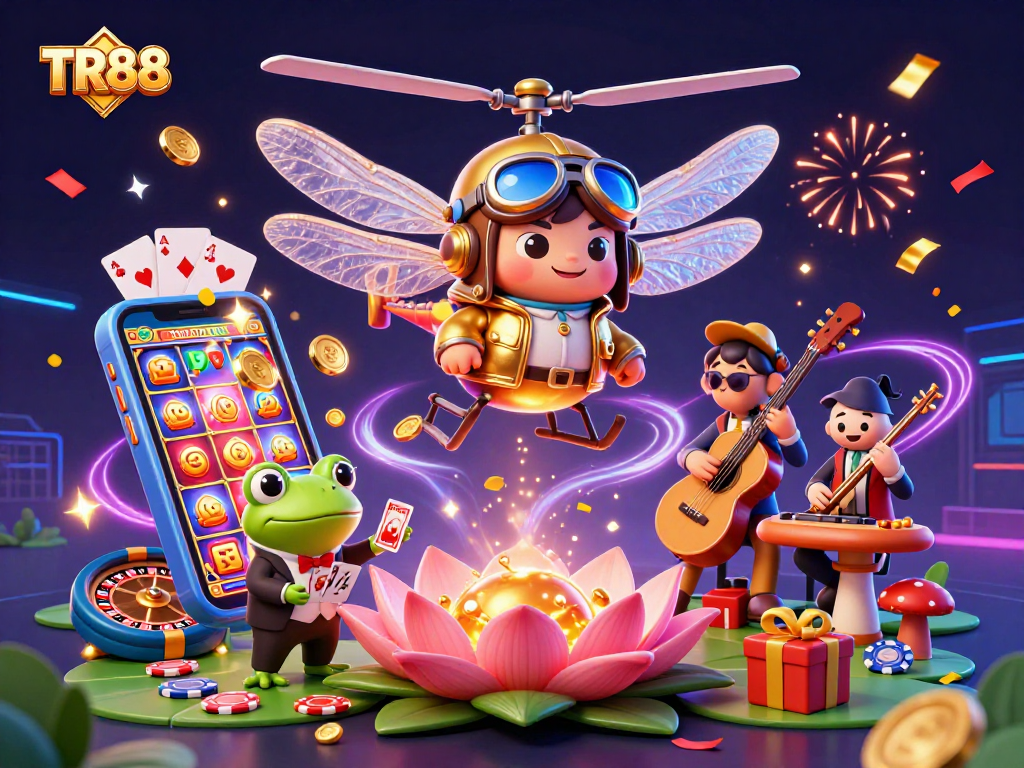 TR88 transports players into an exciting gaming atmosphere with a vibrant illustration of a dragonfly pilot, frog dealer, and celebrating musicians.
