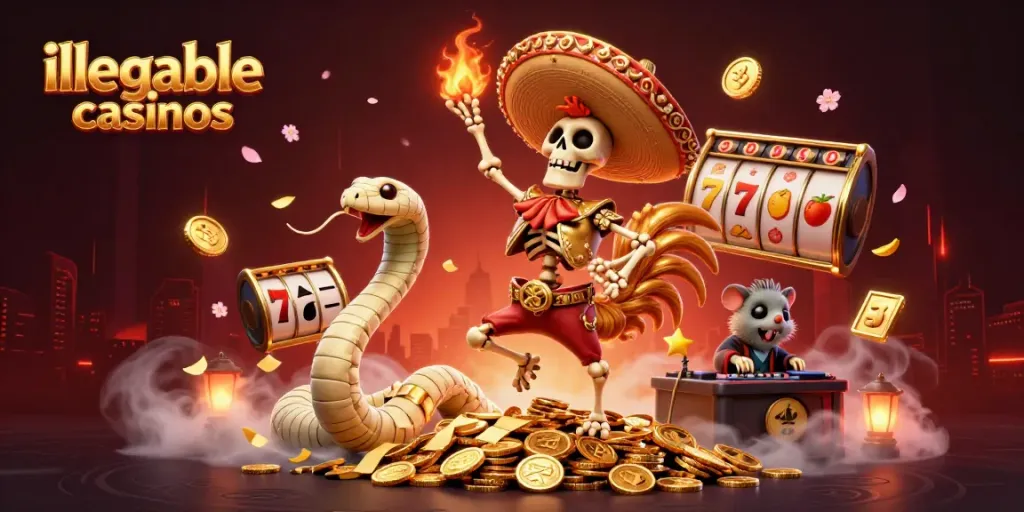Spel op illegale casinos met een kleurrijke 3D-scène vol actie en casino-elementen.