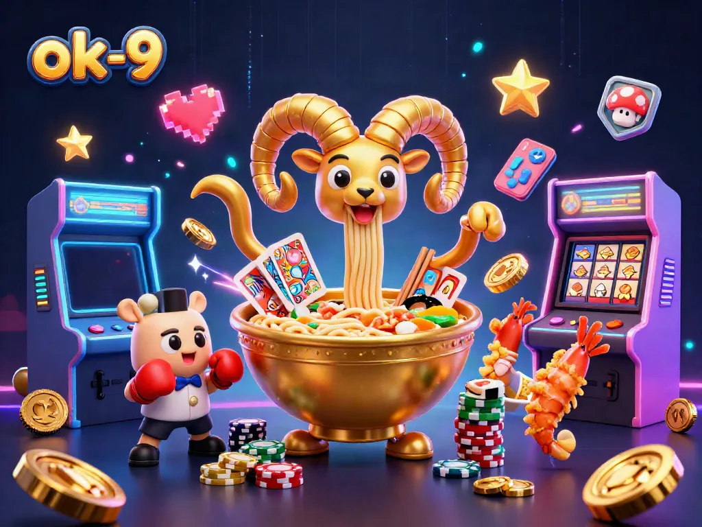 Experience the excitement of ok-9 with a giant ramen bowl dealer surrounded by vibrant casino elements and games.
