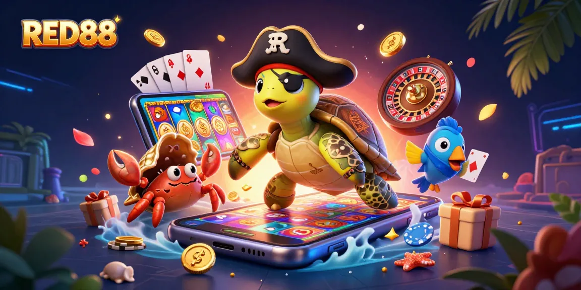 Spin to win with RED88 as pirate turtle explores a treasure atop a slot game!