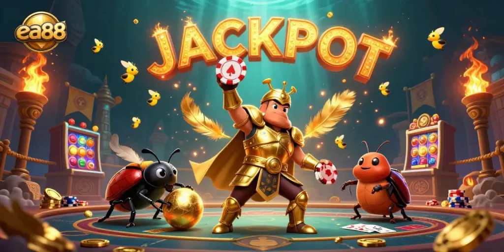 Experience the thrill of ea88 with a victorious beetle and a lively jackpot scene filled with poker elements.