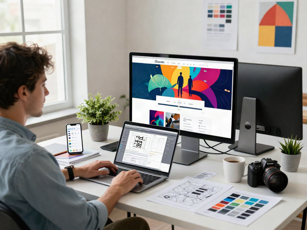 Sanumwebdesign webdesign studio met designer aan het werk met kleurrijke website-indelingen.