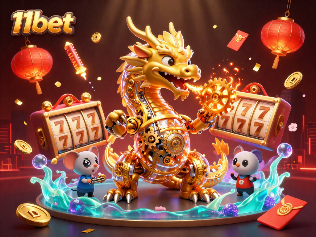 Experience thrilling 11bet action with a golden dragon and dynamic slots in a vibrant casino scene.